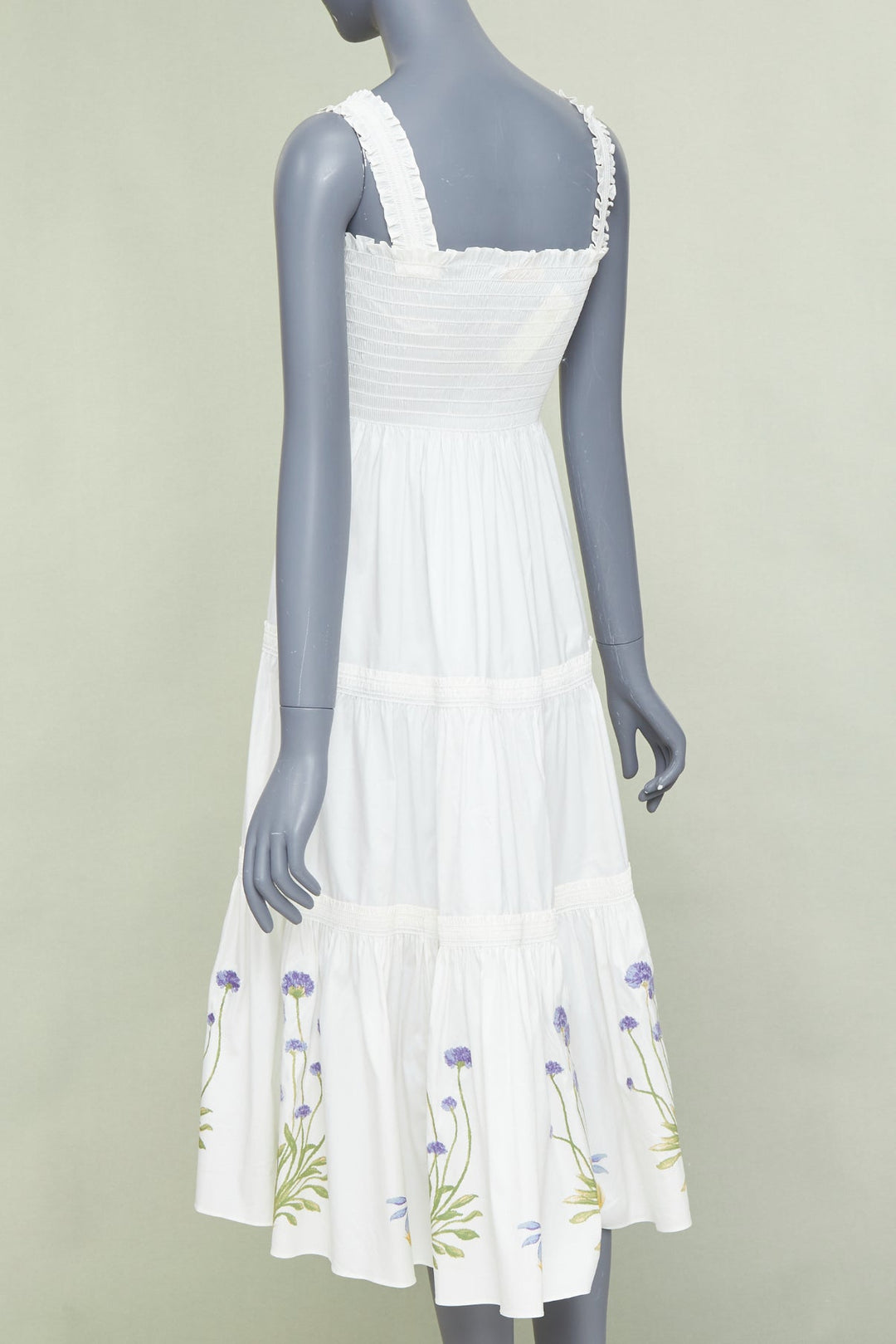 TORY BURCH Embroidered Smocked Midi ivory purple flower embroidery midi dress M