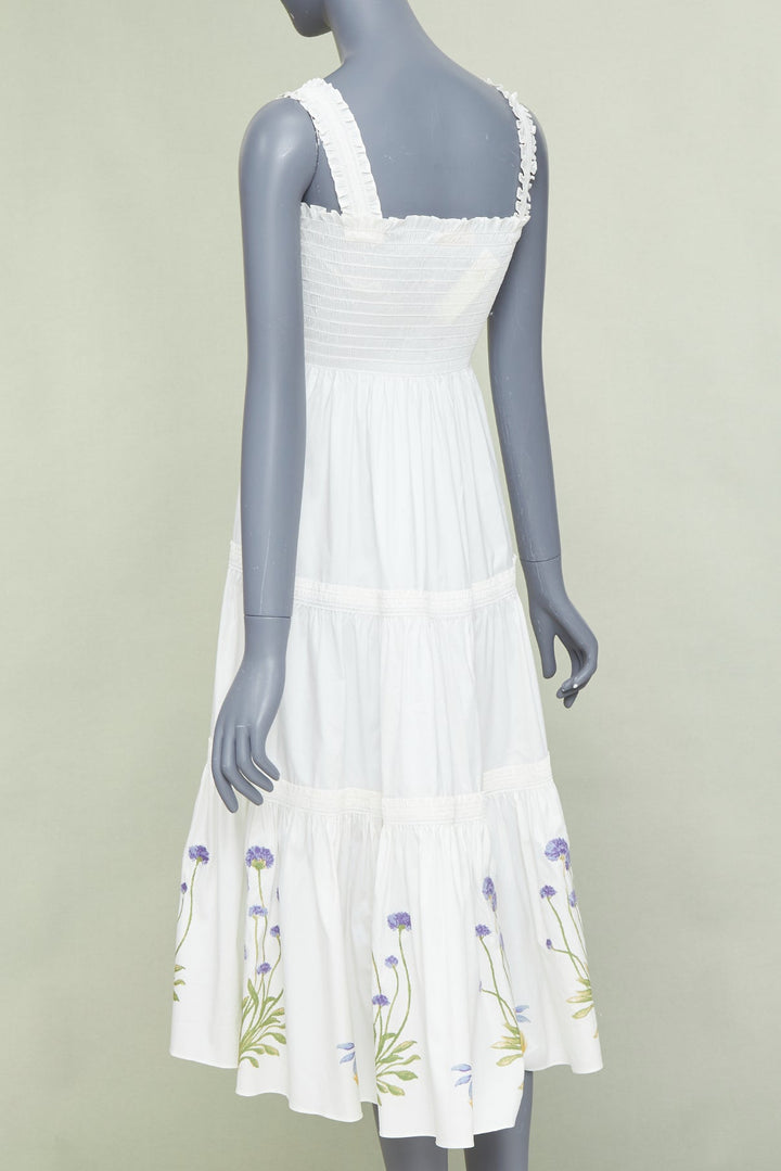 TORY BURCH Embroidered Smocked Midi ivory purple flower embroidery midi dress M