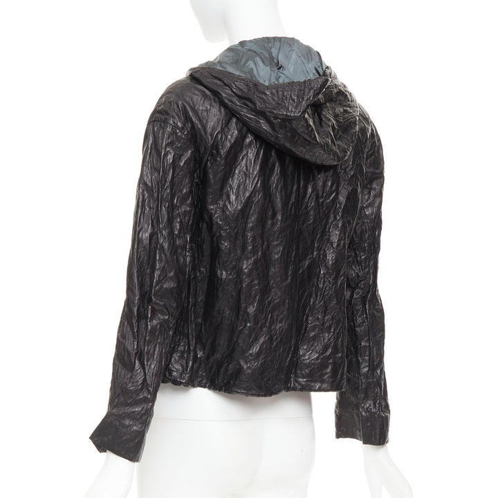 PRADA 2011 Vintage black 100% lambskin crinkled hooded jacket IT36 XXS