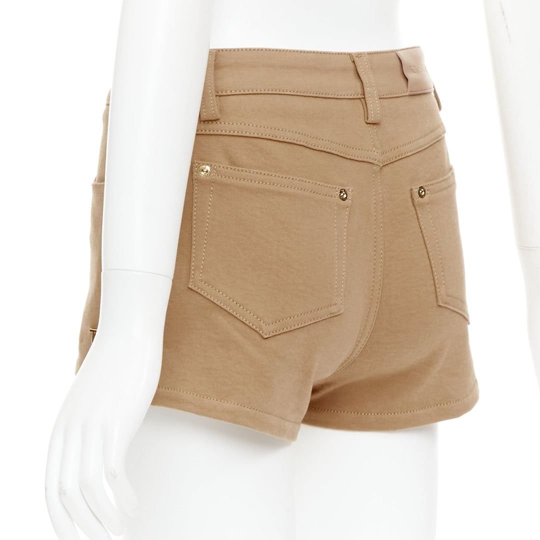TOM FORD khaki cotton TF logo black blend leather trim mini shorts 25"
