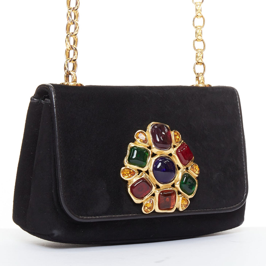 rare CHANEL 1990s Vintage black suede red Gripoix black gold chain crossbody bag