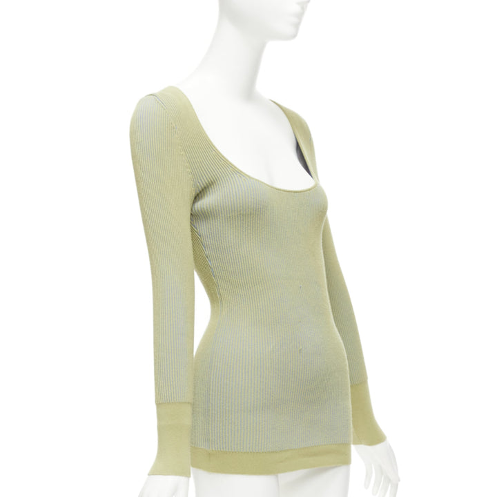 JACQUEMUS Rosa green blue ribbed scoop neck fitted long sleeve top FR40 L