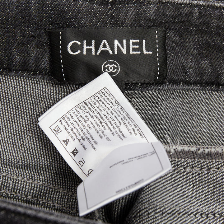 CHANEL washed dark gray gold chain trim bronze cc button straight jeans FR38 M