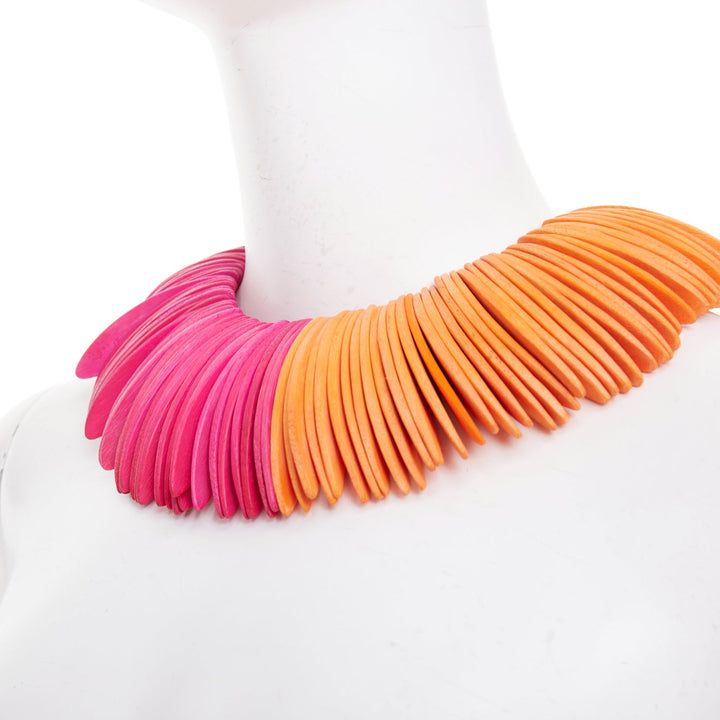 MONIES Gerda Lynggaard orange pink wood disc sculptural statement bib necklace