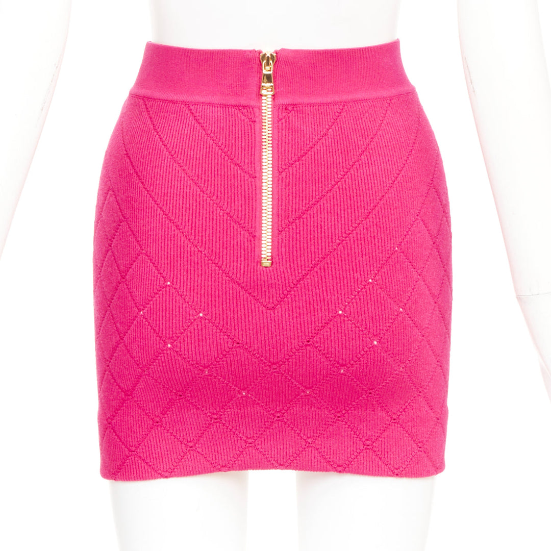 BALMAIN Embellished Knit Miniskirt pink gold button diamond quilted skirt FR36 S