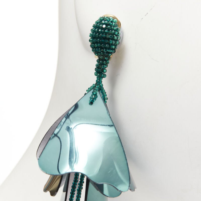 OSCAR DE LA RENTA metallic green beaded petals tassels drop clip on earrings