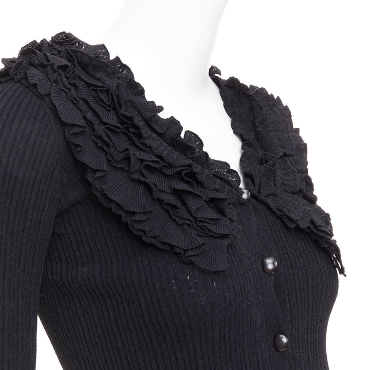 LOUIS VUITTON black ruffle collar cuffs ribbed long sleeves cardigan XS