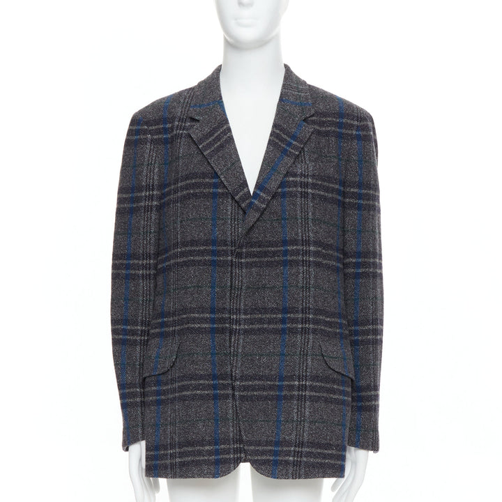 YOHJI YAMAMOTO grey blue 100% wool checked boxy jacket coat JP3 L