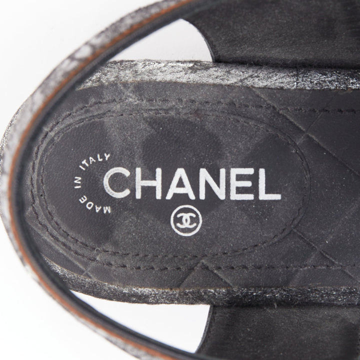 CHANEL black pony hair metallic leather CC charm T-strap thong flat sandals EU36