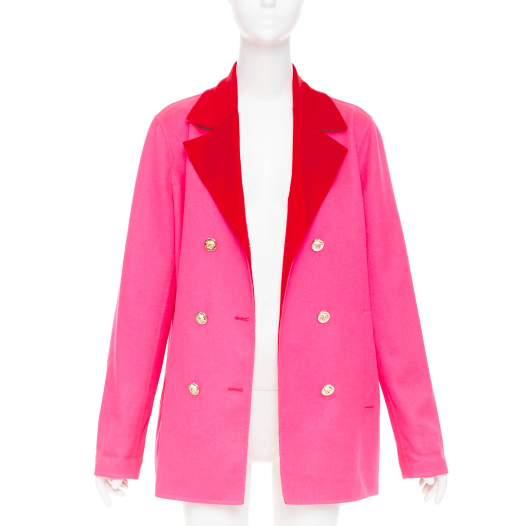 VERSACE pink red colorblock contrast lapel gold Medusa double breasted coat L