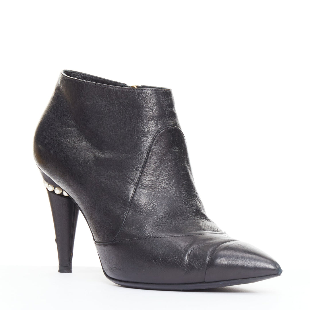CHANEL 15C black calfskin faux pearl high cone heeled ankle boots EU38