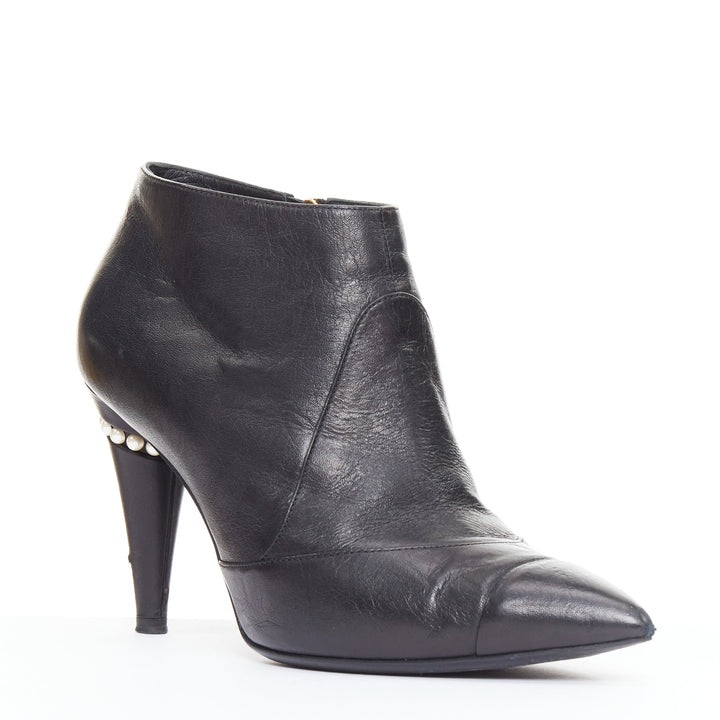 CHANEL 15C black calfskin faux pearl high cone heeled ankle boots EU38