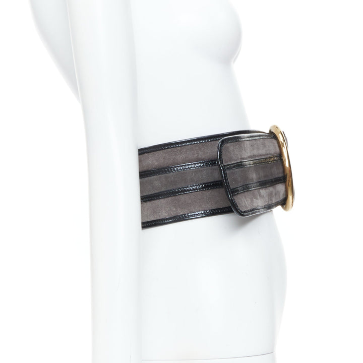 GUCCI Vintage grey suede black trim oval gold buckle wide waist belt 70cm
