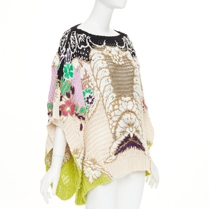 VALENTINO 2021 Runway black yellow cotton embroidered crochet poncho cape XS
