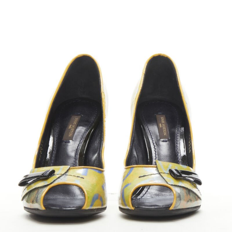 LOUIS VUITTON 2008 Richard Prince denim yellow monogram peep toe heel EU37