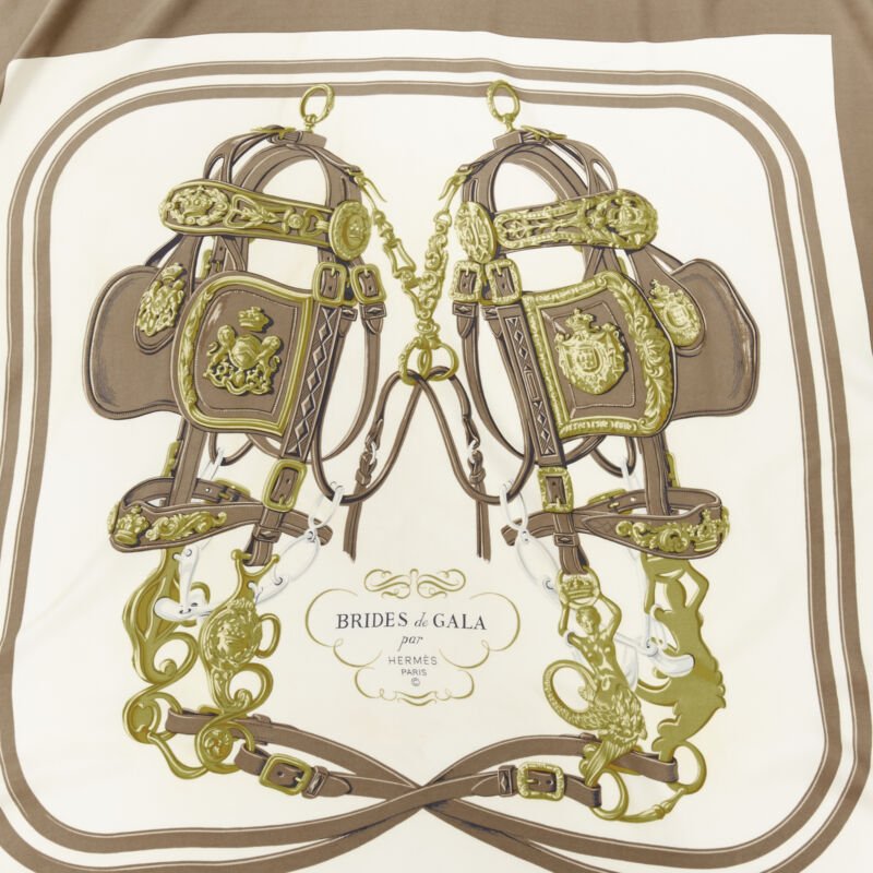 HERMES Hugo Grygkar Brides de Gala brown white print silk scarf 90cm