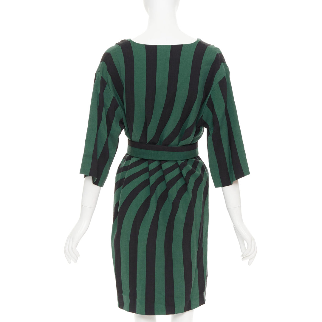 DRIES VAN NOTEN 2017 green black swirl stripes graphic belted dress FR42 XL