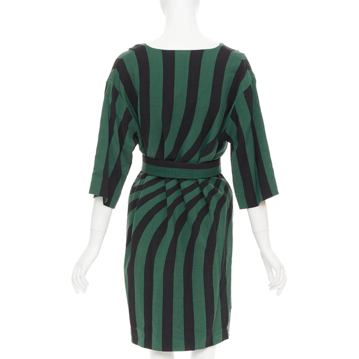 DRIES VAN NOTEN 2017 green black swirl stripes graphic belted dress FR42 XL
