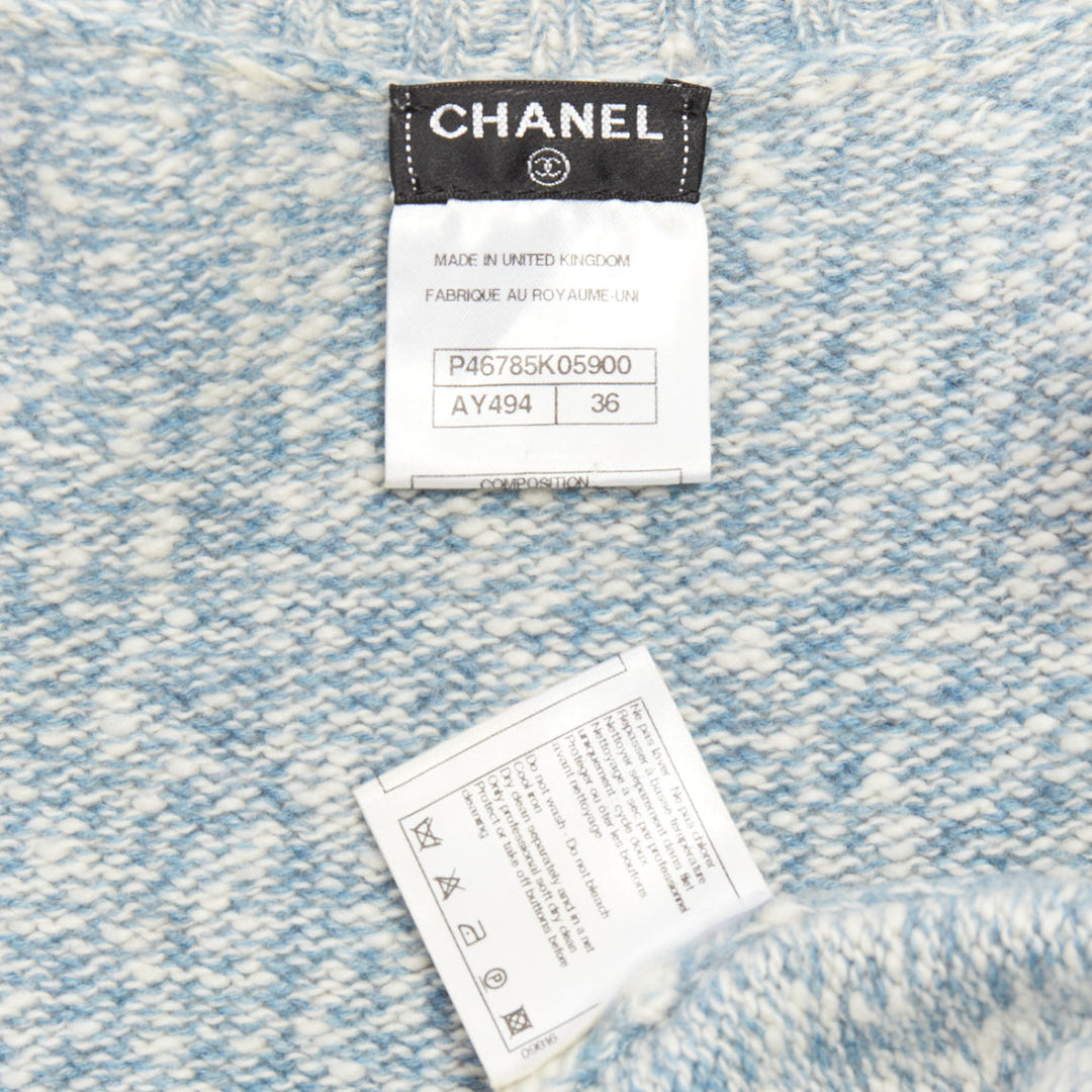 CHANEL blue melange cashmere CC turnlock buttons cardigan sweater FR36 S