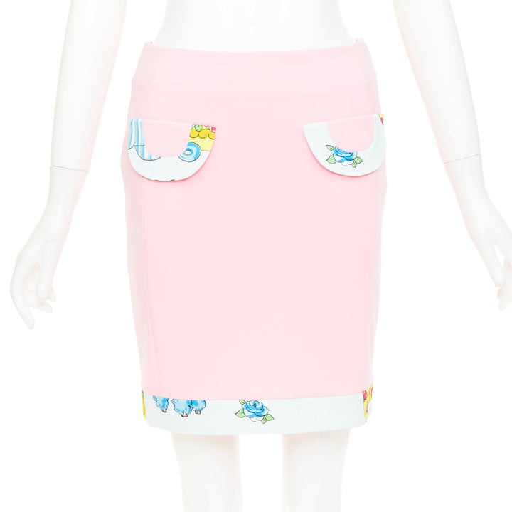 MOSCHINO COUTURE! 2022 Runway Calico Animals pink cream mini skirt IT38 XS
