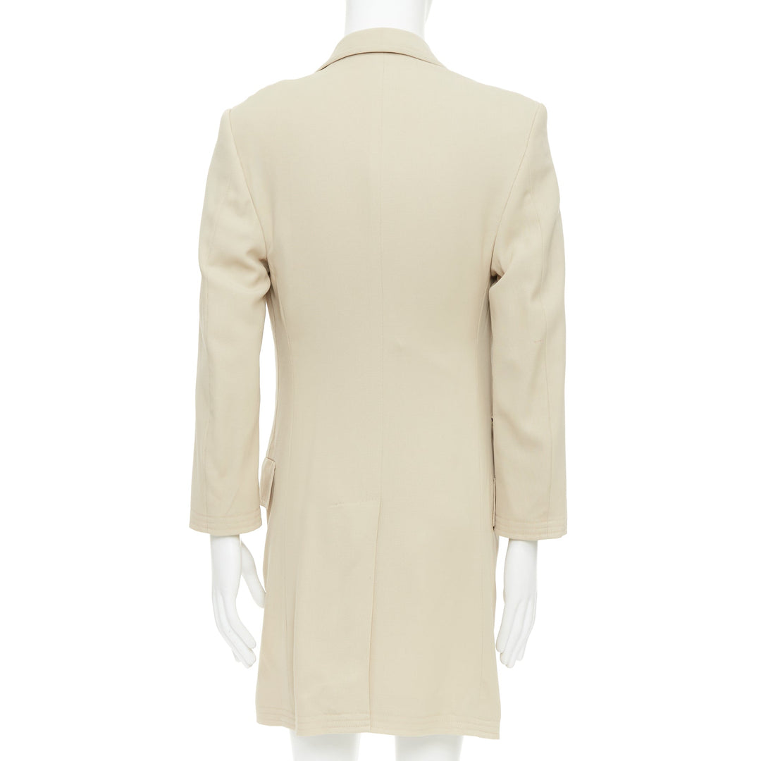 HERMES beige 100% wool twill horn buttons minimal long coat IT46 S