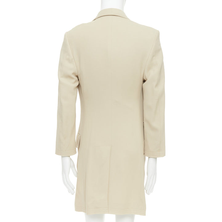 HERMES beige 100% wool twill horn buttons minimal long coat IT46 S