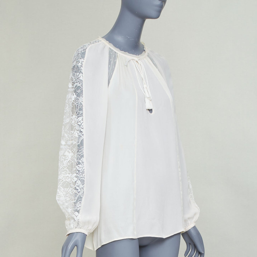 EMILIO PUCCI 100% silk ivory lace trim puff sleeves boho peasant blouse IT40 S