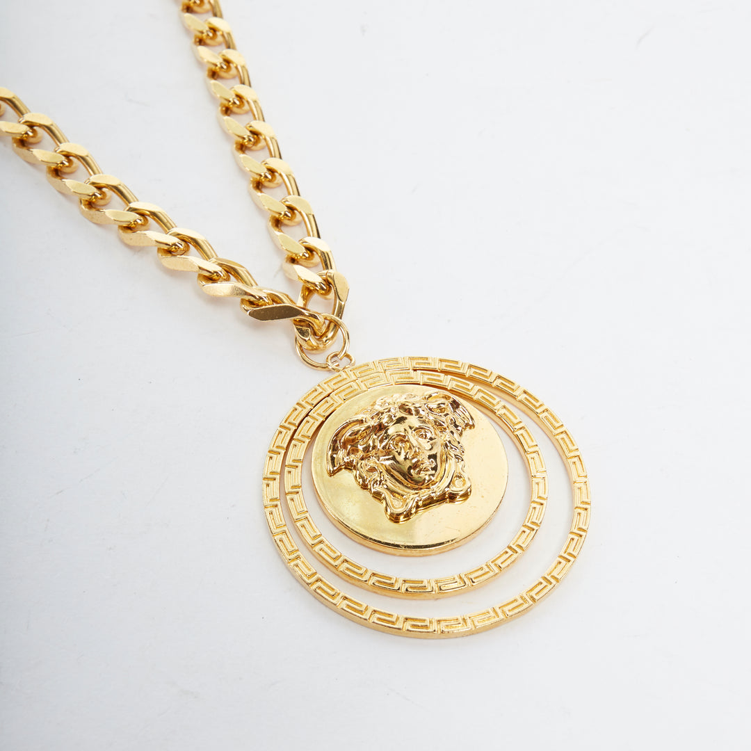 VERSACE gold tone nickel Medusa halo medallion coin chunky long necklace