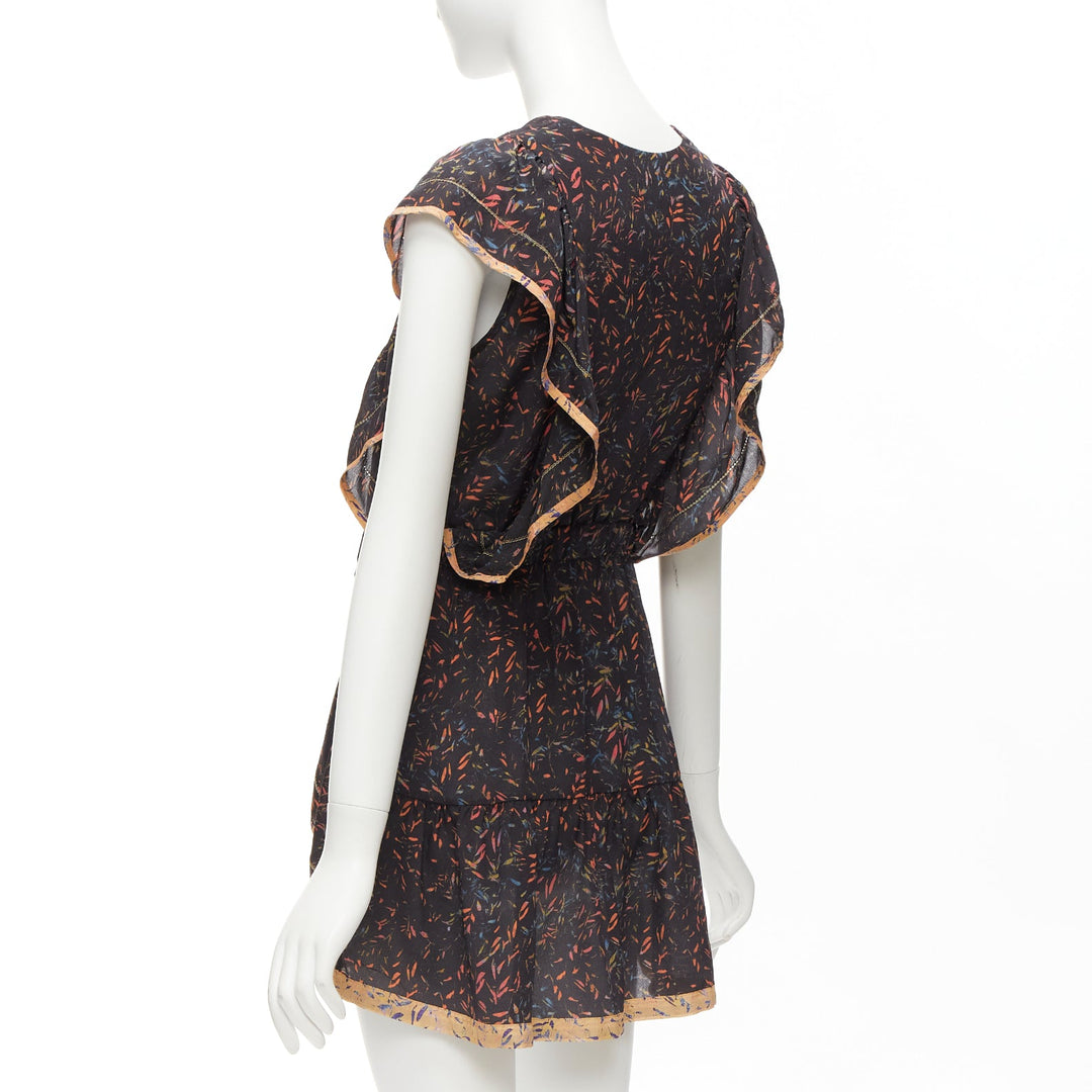IRO 2018 Jicka 100% silk black coral orange floral ruffle short dress FR34 XS