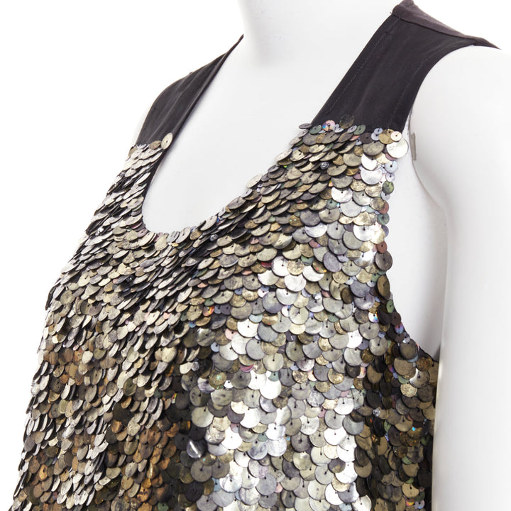 GIVENCHY black sheer silk lined iridescent sequinned illusion top L