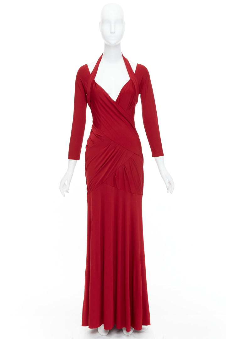 DONNA KARAN red halter plunge tucked draped evening gown dress L