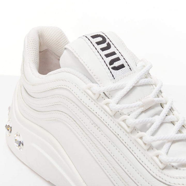 MIU MIU white leather logo tongue clear big crystal heels chunky sneakers EU38