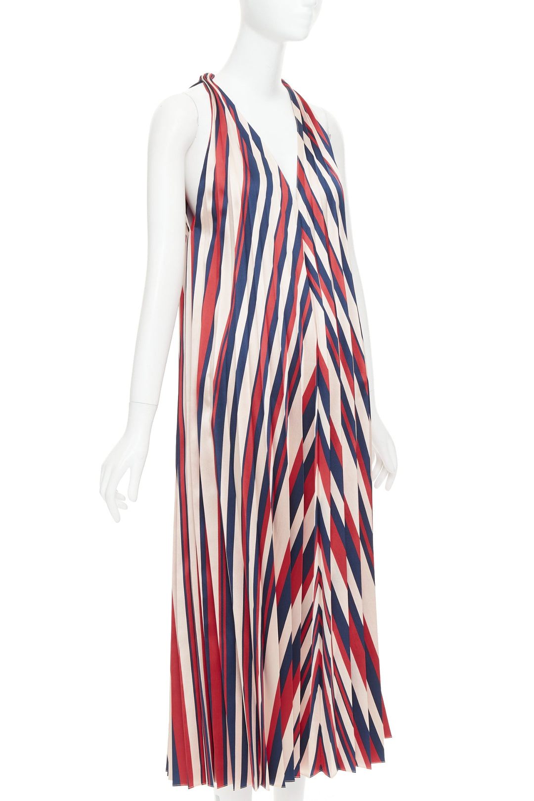 TOME beige red navy chevron print pleated V neck black trim midi dress S