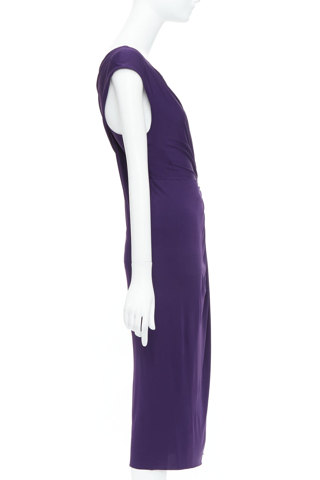 DONNA KARAN purple draped side knot criss cross back grecian dress L