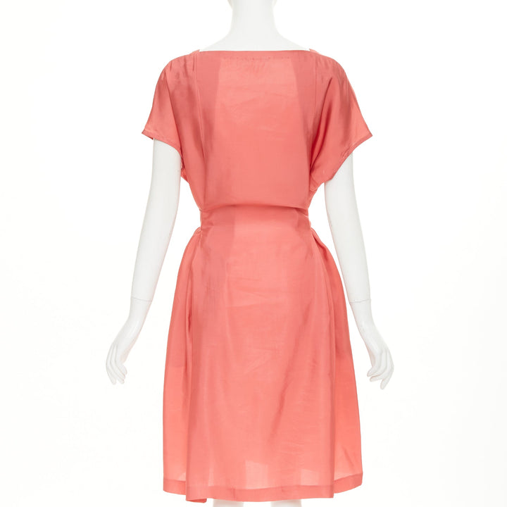 MARNI pink viscose blend draped v neck belted short sleeve mini dress IT44 L