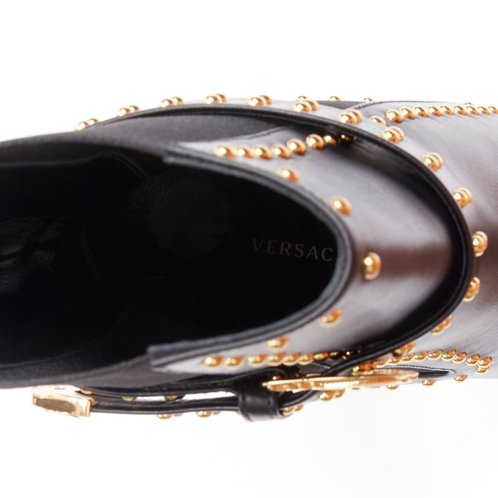 VERSACE gold studded western buckle black leather platform boots EU40.5