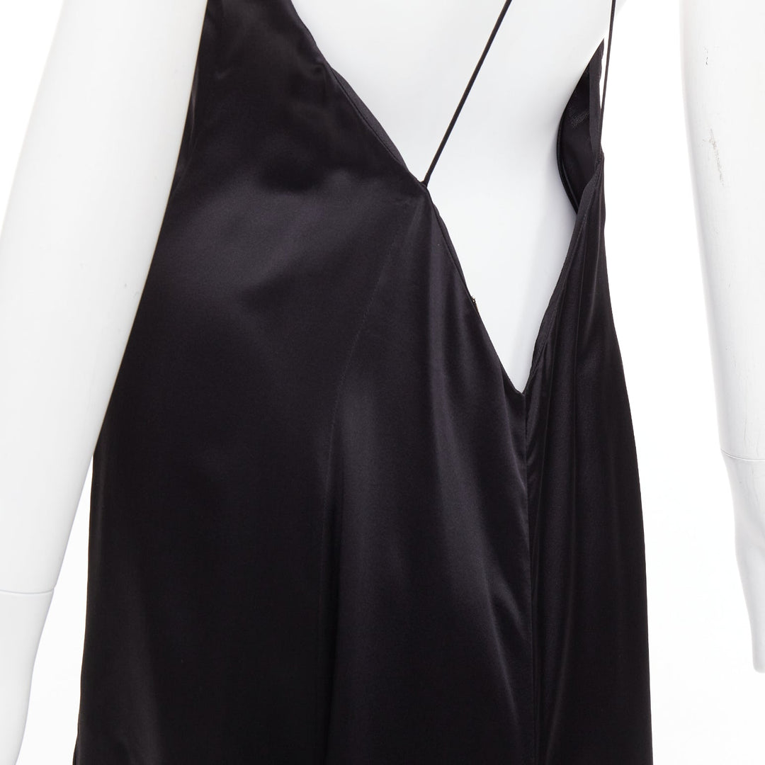 SAINT LAURENT 2022 Runway black silk plunge open back high slit slip gown FR40 M