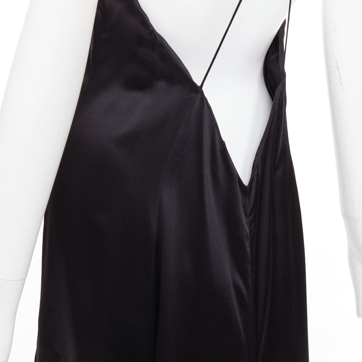 SAINT LAURENT 2022 Runway black silk plunge open back high slit slip gown FR40 M