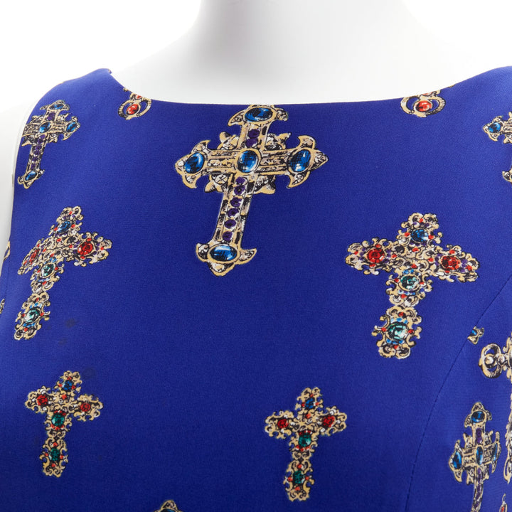 VERSACE 2012 royal blue Byzantine Cross print yellow leather waist shift dress