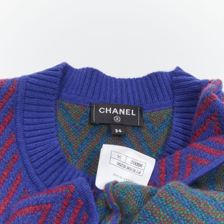 CHANEL 100% cashmere blue red chevron green CC logo crystal brooch dress FR34 XS