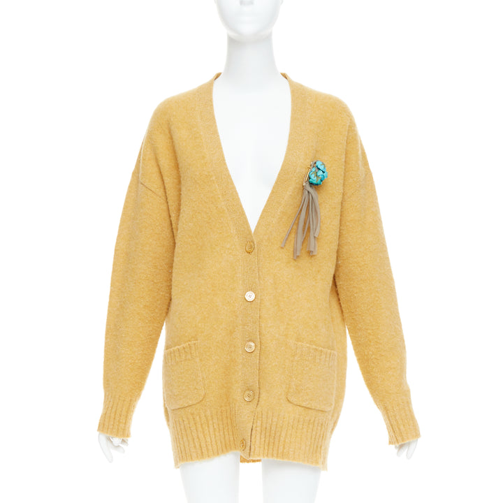 GUCCI 2020 100% wool yellow blue floral brooch oversized cardigan M