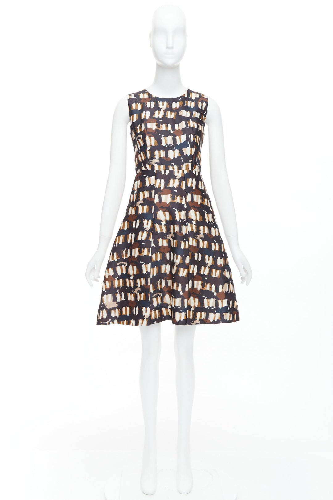 MARNI brown black wool silk abstract print fit flare dress IT38 XS