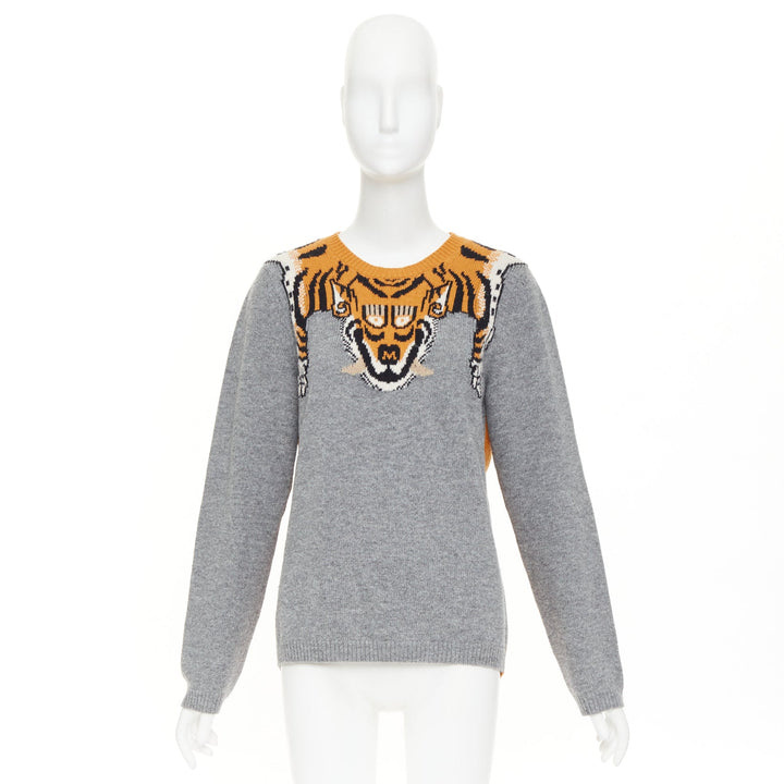 GUCCI 2016  100% wool Tiger intarsia grey animal knit pullover sweater M