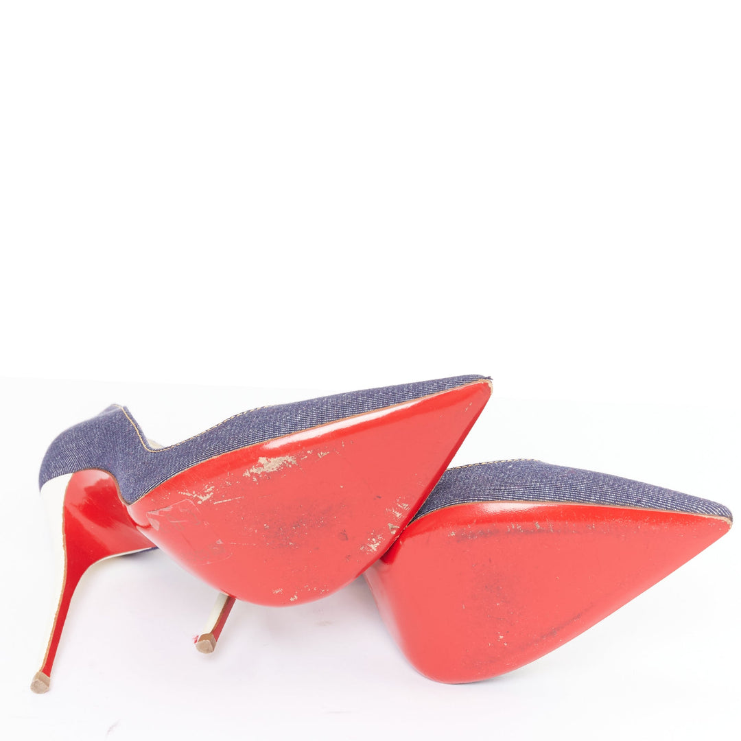CHRISTIAN LOUBOUTIN So Kate 120 blue indigo denim white heel pumps EU39.5