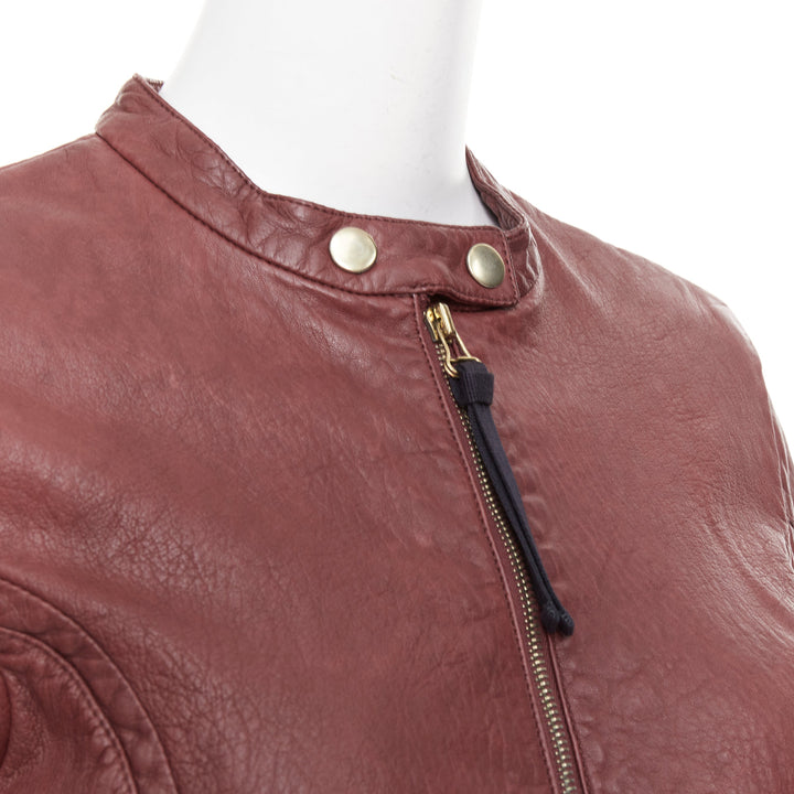 MARNI 2012 burgundy crinkled lamb leather wool lining moto biker jacket IT42 M