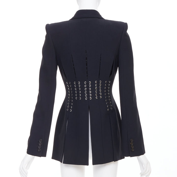 ALEXANDER MCQUEEN 2018 black eyelet lacing detail fitted blazer IT38 XS