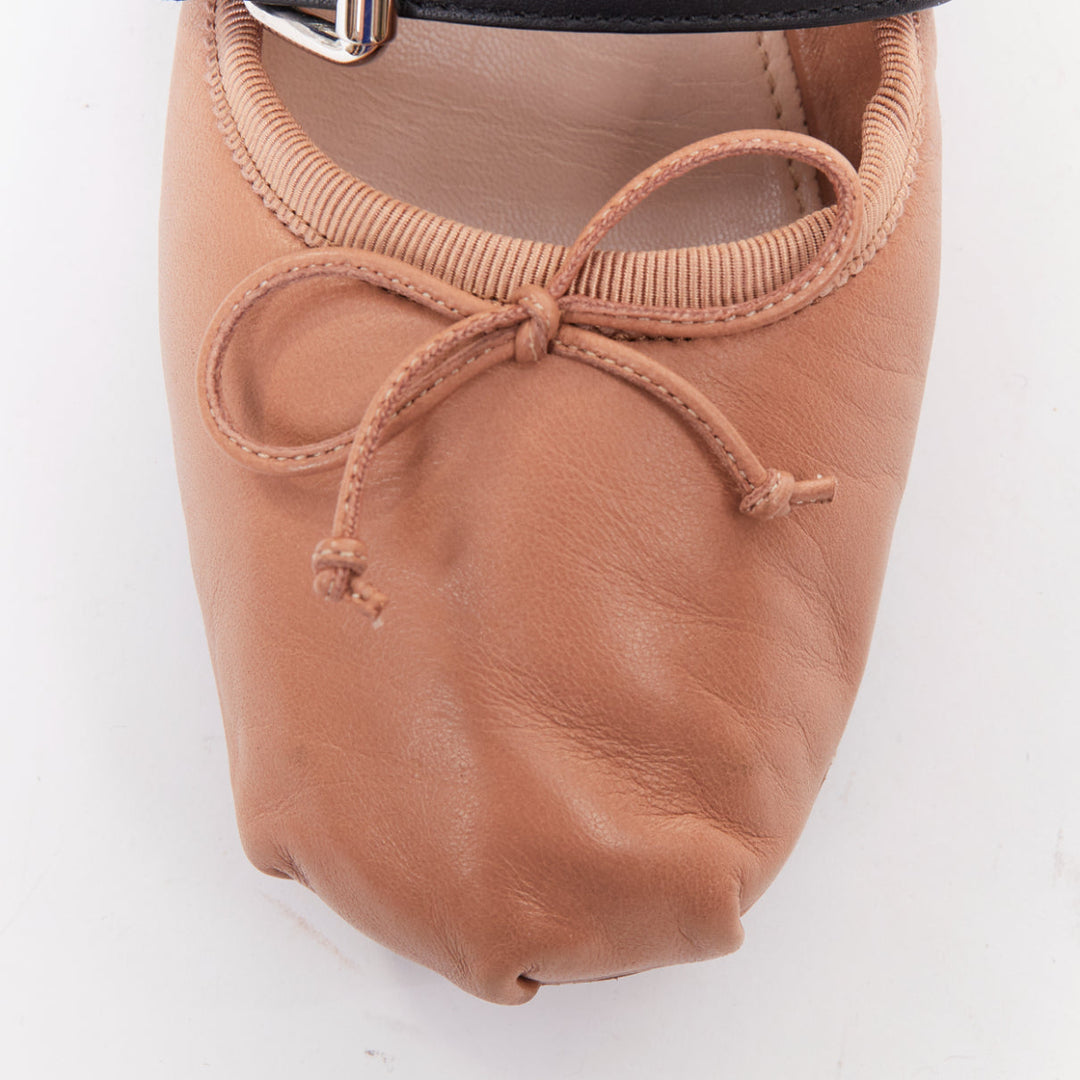 MIU MIU beige leather double black buckle punk strap ballet flats EU37.5