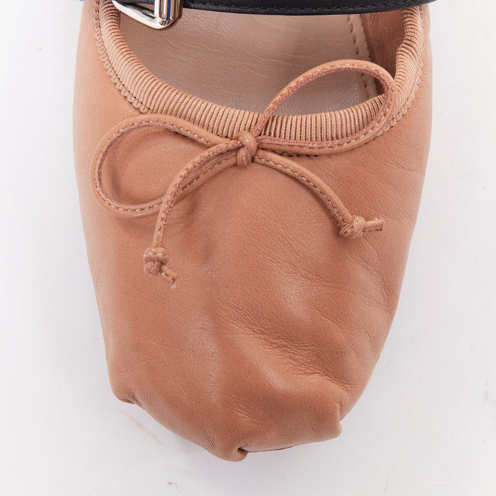 MIU MIU beige leather double black buckle punk strap ballet flats EU37.5