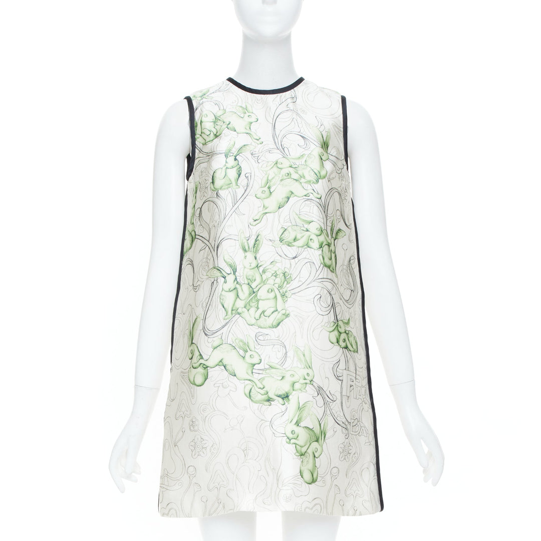 PRADA 2018 Runway James Jean rabbit liberty green silk piping dress IT38 XS
