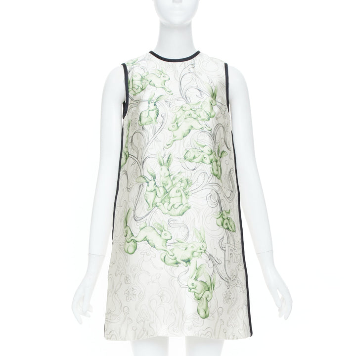 PRADA 2018 Runway James Jean rabbit liberty green silk piping dress IT38 XS